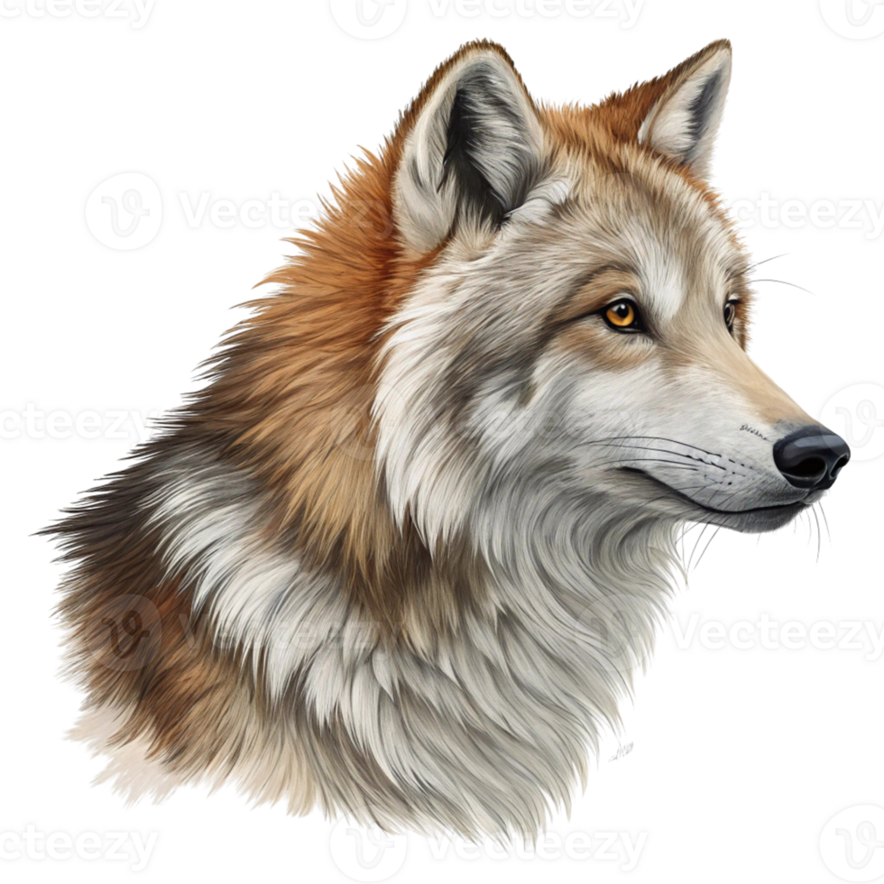 A close up of a wolf isolated on transparent background png