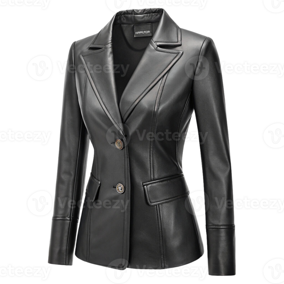 A black leather jacket with buttons on transparent background png