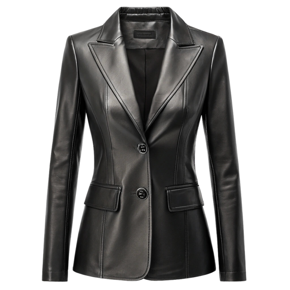 A black leather jacket with buttons isolated on transparent background png