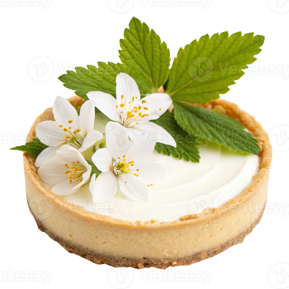 A small cheesecake with white flowers and leaves isolated on transparent background png
