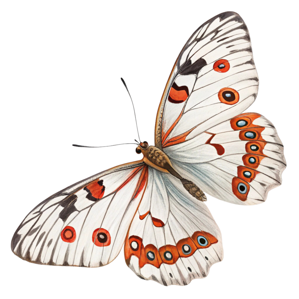 A white butterfly with orange and blue wings isolated on transparent background png