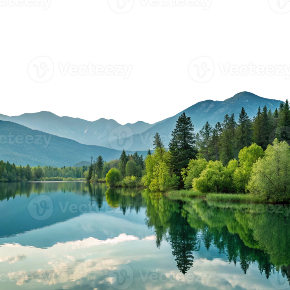 A lake surrounded by trees and mountains isolated on transparent background png