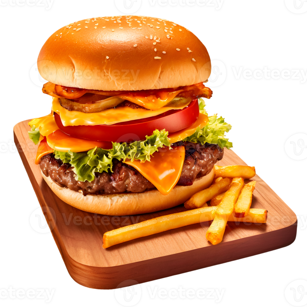A hamburger and french fries on a cutting board png
