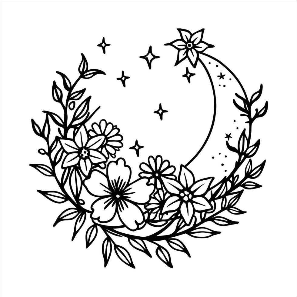 Floral Moon Simple Line vector