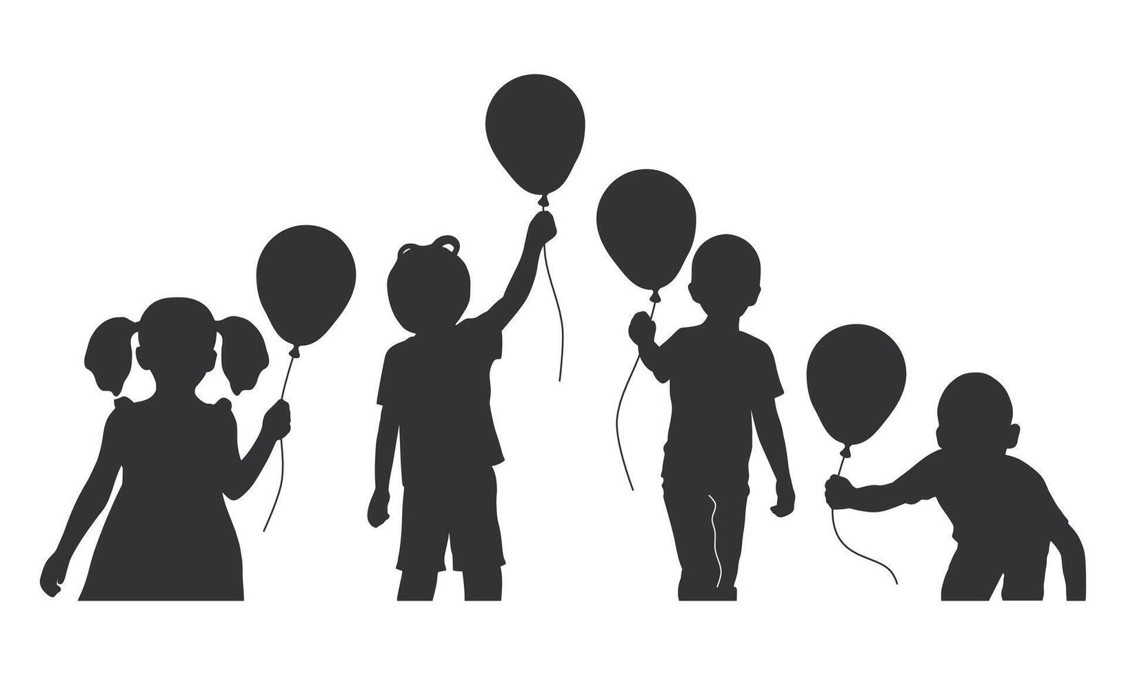 Silhouette of Children Holding and Playing with Balloons. Silhouette of Black Children Playing Happily. vector