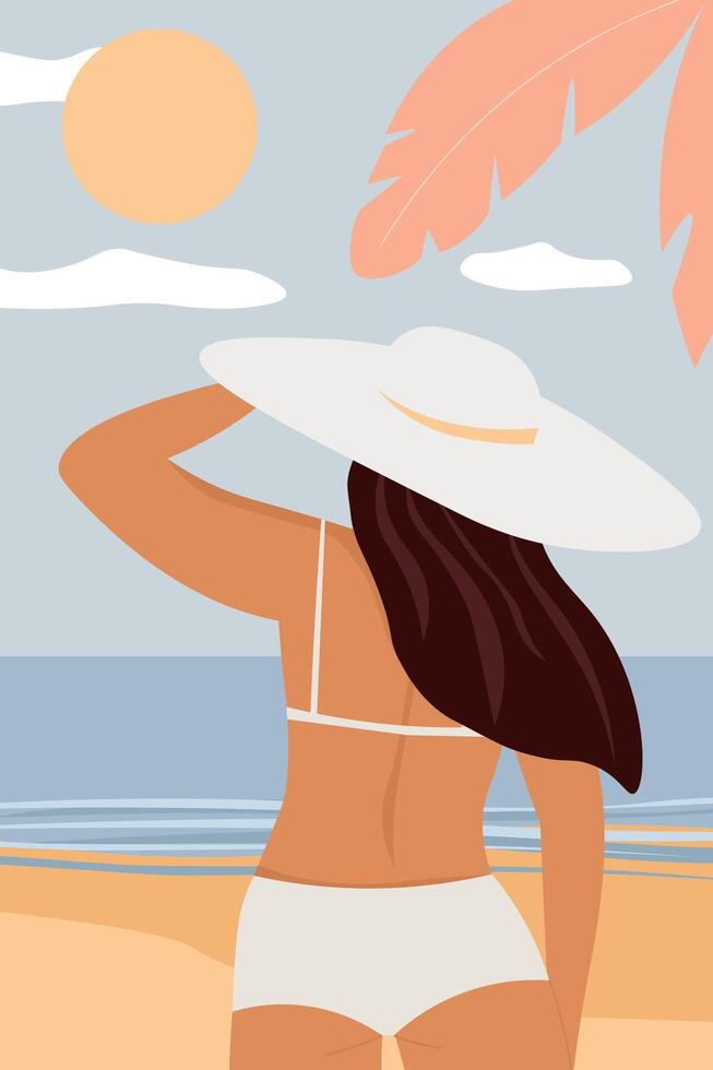A woman with her back in a swimsuit in the foreground wearing a hat against the backdrop of the sea, beach, sun, palm trees. graphics. vector