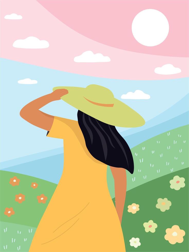 A girl in a hat and dress with her back in the foreground against the backdrop of a flowering meadow, sky, and sun. vector