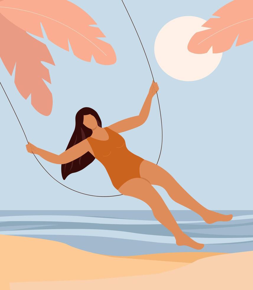 A girl on a swing on the beach against the background of the sea, sand, sun. Young happy woman on vacation. flat graphics. vector