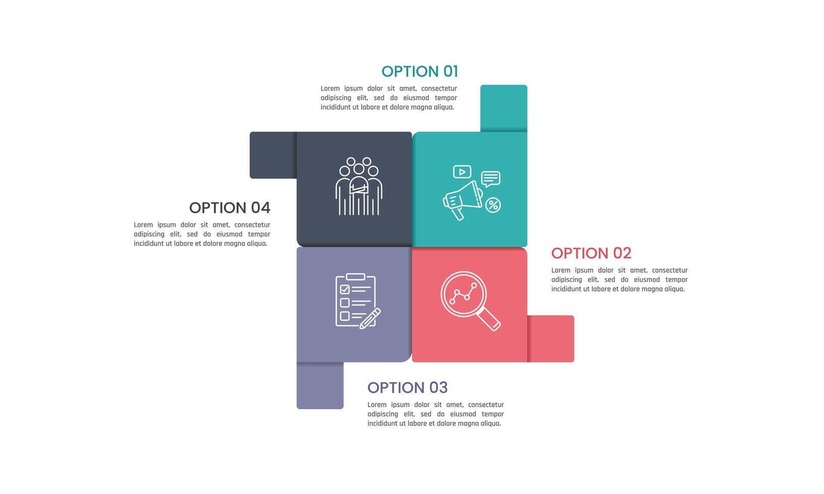 Infographic element square with four steps or options. Presentation, Process, Strategy, Plan and Information. vector