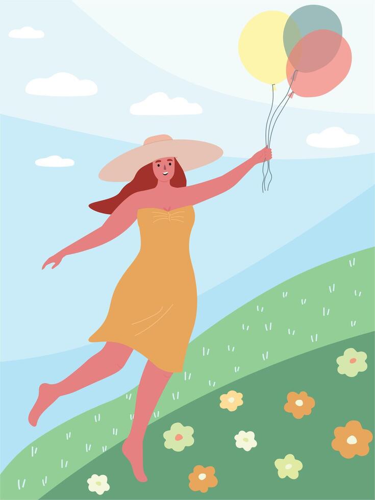 A young happy woman in a hat and dress with balls in her hands in a clearing with flowers against the sky. Summer joyful image. flat graphics. vector