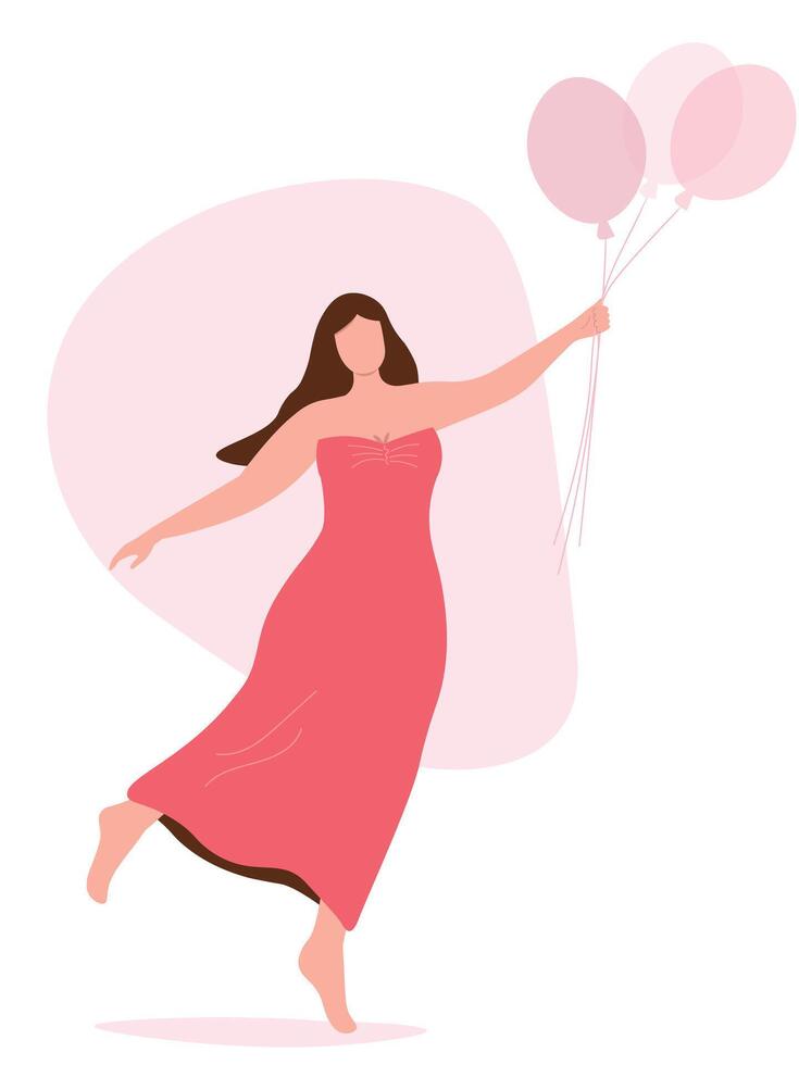 A young woman in a dress with long hair holds balloons in her hand. Abstract silhouette of a tender girl. flat graphics. vector