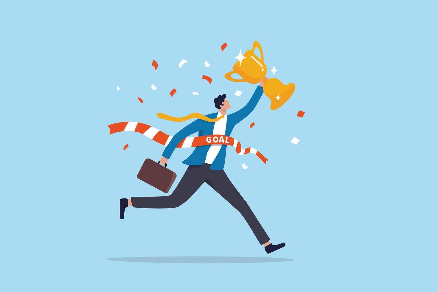 Success winning businessman, achievement, succeed performance or business victory, career success, goal or target accomplishment concept, success businessman running reach finish line with trophy. vector