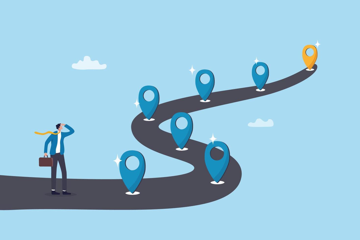 Success roadmap journey, milestone or career path achievement, route or pathway to achieve goals, accomplishment, assessment or way to success, businessman look at achievement milestone to success. vector