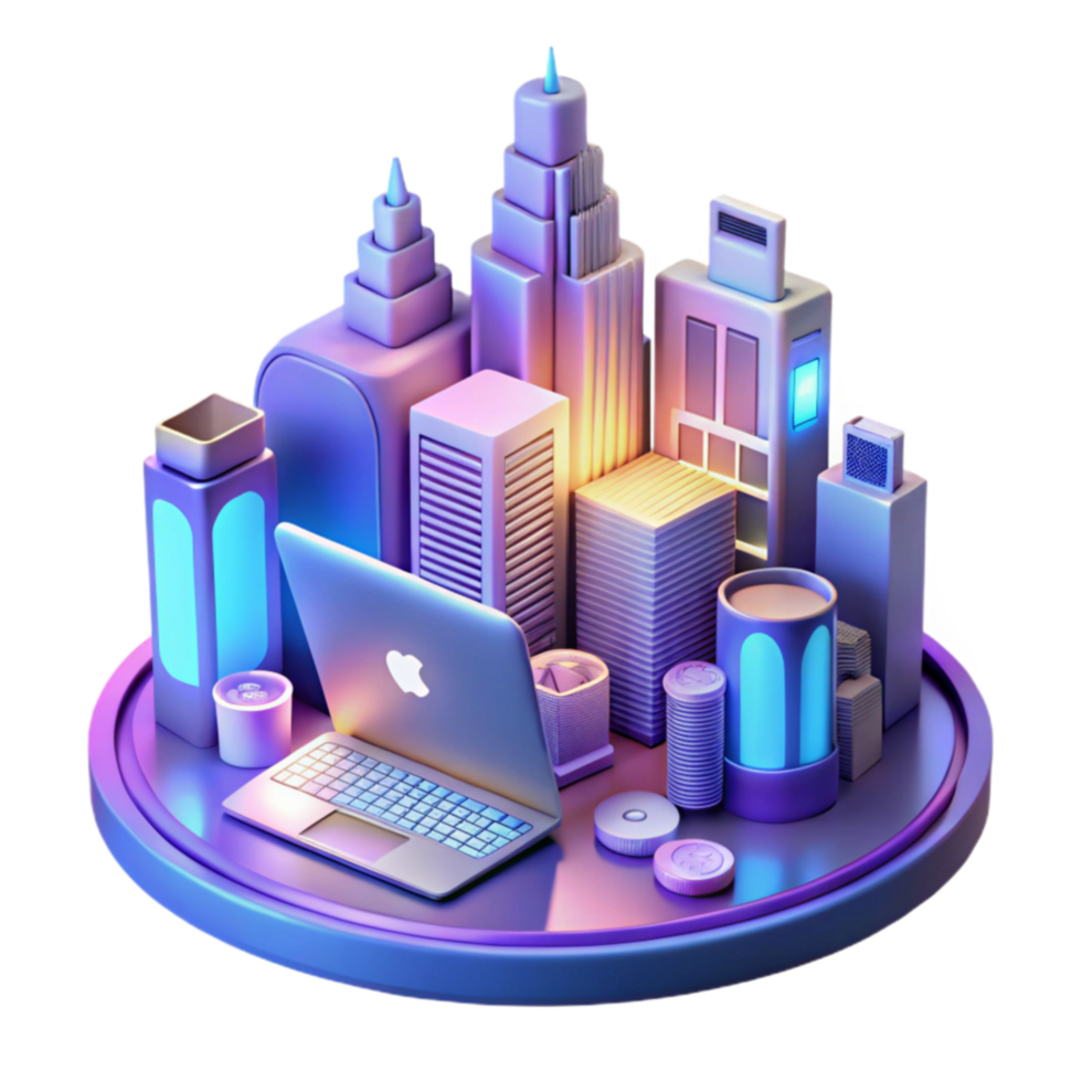 Laptop, Cityscape, Modern Buildings, Night Lights, Desk Setup, Technology, Urban, Abstract, 3D Render, Illumination png