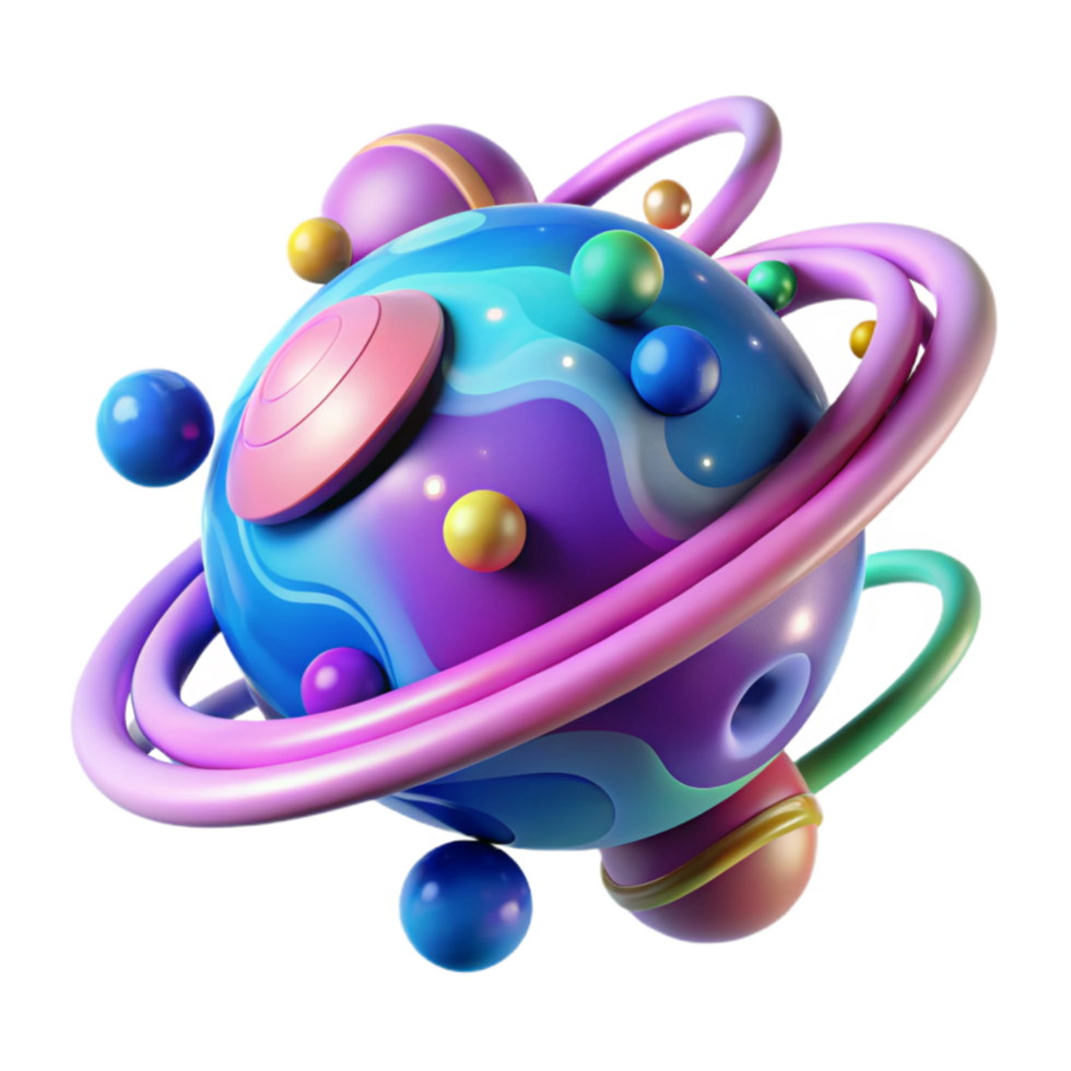 Abstract Colorful Planet with Rings and Moons png