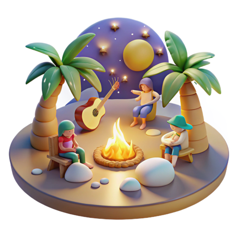 Nighttime Campfire Scene 3D Render of Island Relaxation png