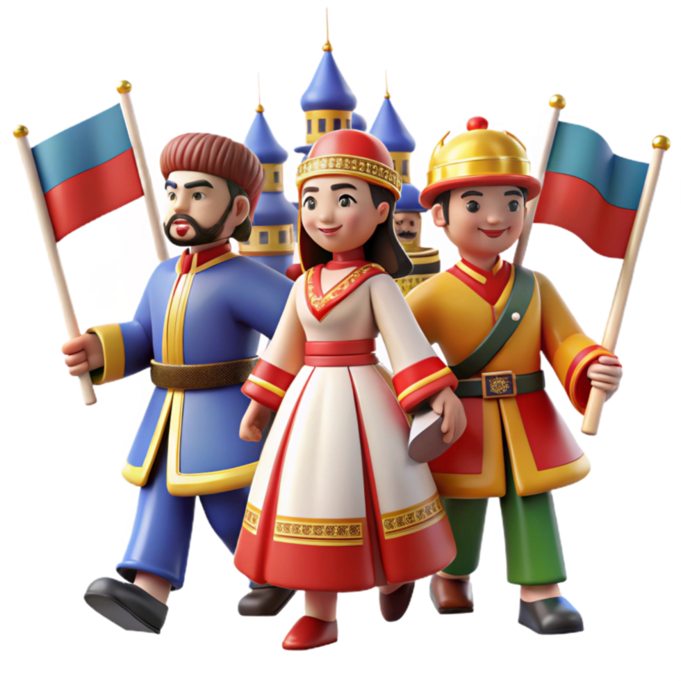 Central Asian Traditional Costumes 3D Render of Figures in Festive Attire png