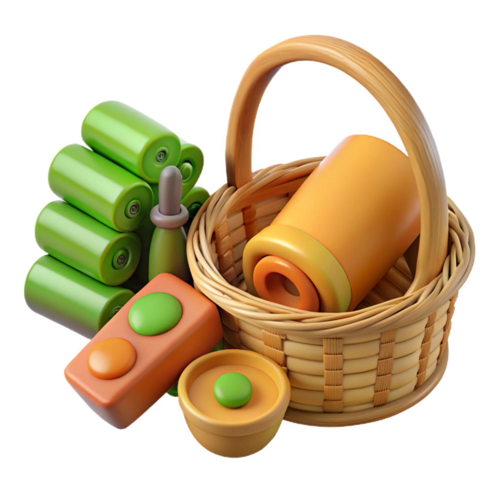 3D Render of Colorful Objects in Basket png