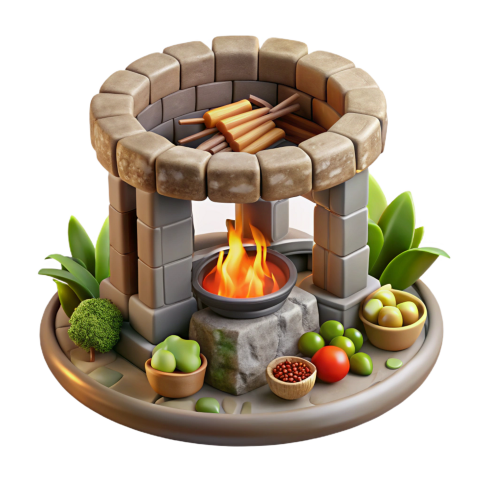 Ancient Stone Cooking Hearth with Fire png