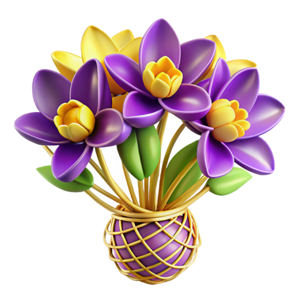 Purple and Yellow Flowers in Basket 3D Render png