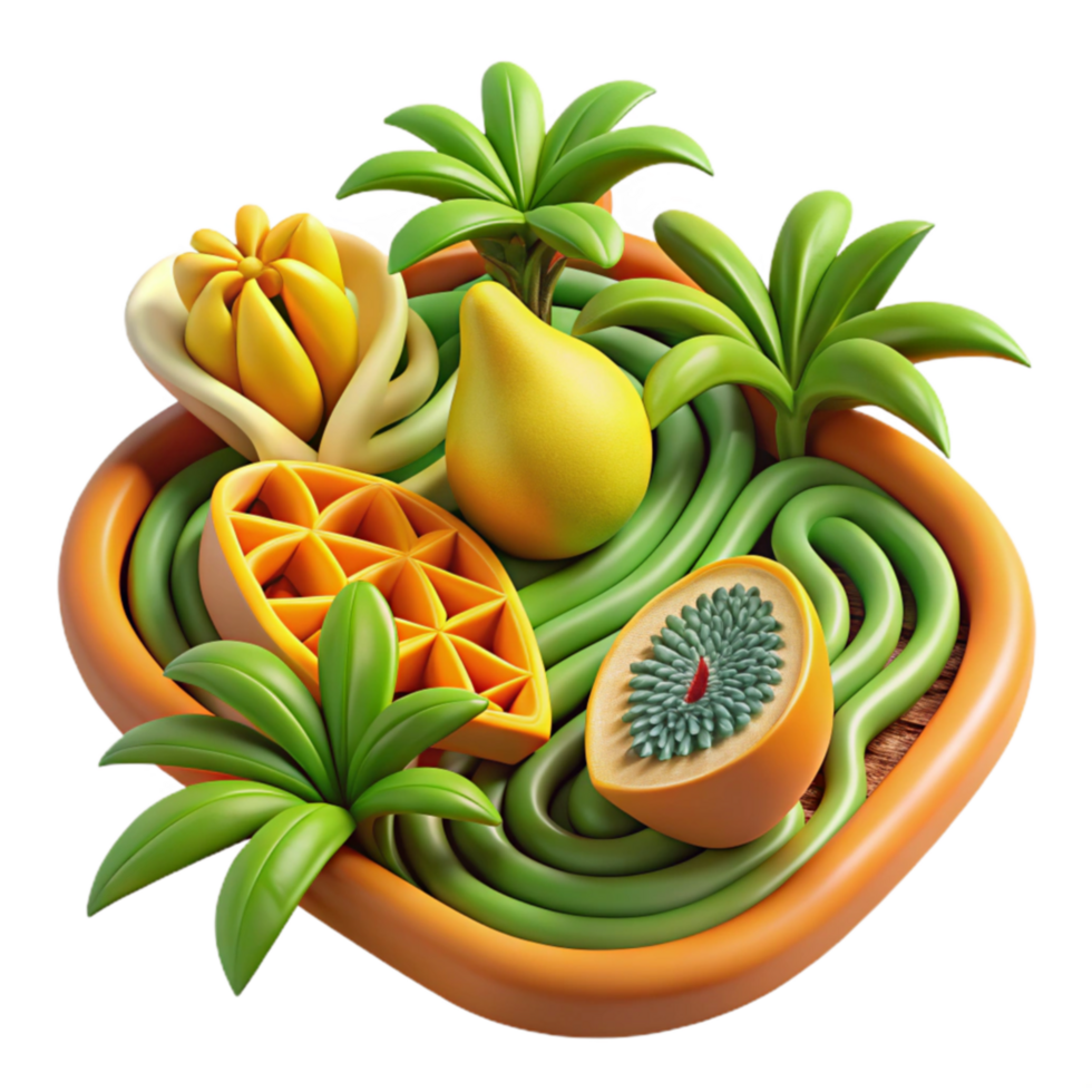 Tropical Fruit Paradise 3D Render of Exotic Mangoes, Papayas, and Lush Greenery png