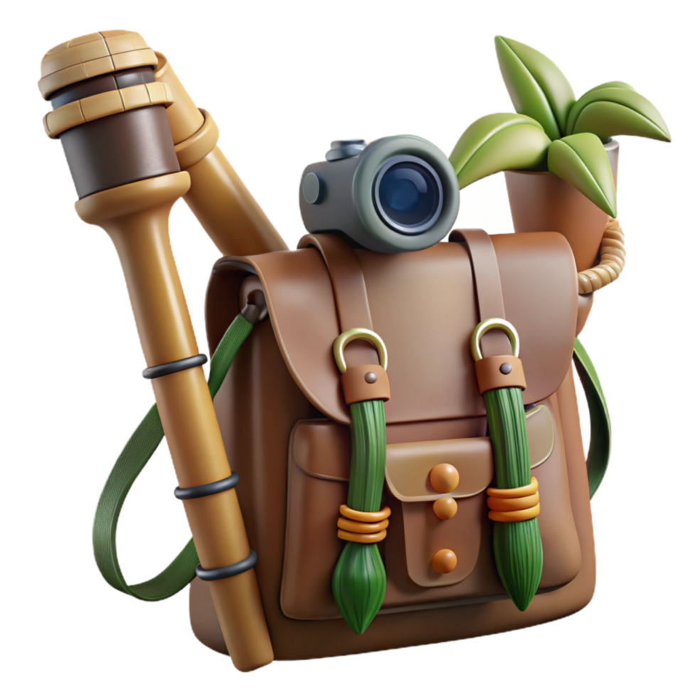 Adventure Backpack Explore Nature with Binoculars and Trekking Poles png