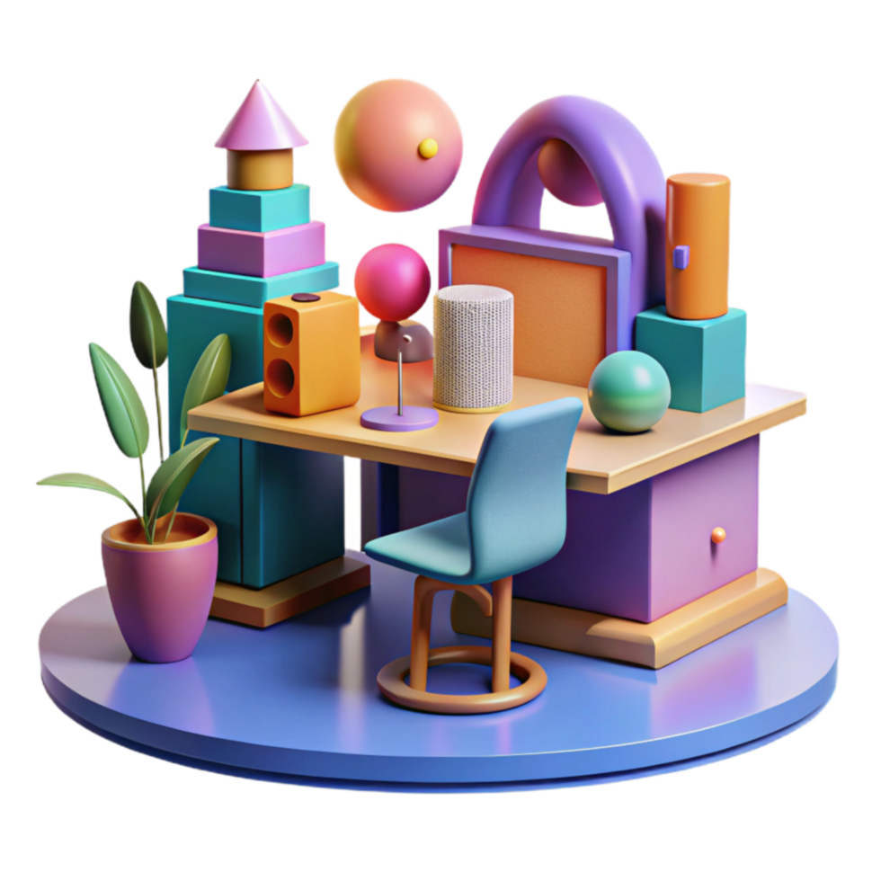 Abstract Desk Setup with Colorful 3D Shapes png