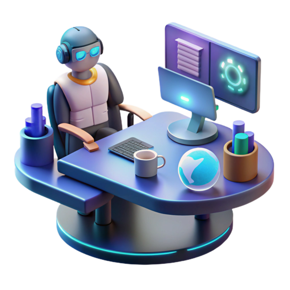 Cybernetic Worker at Desk with Global Data png