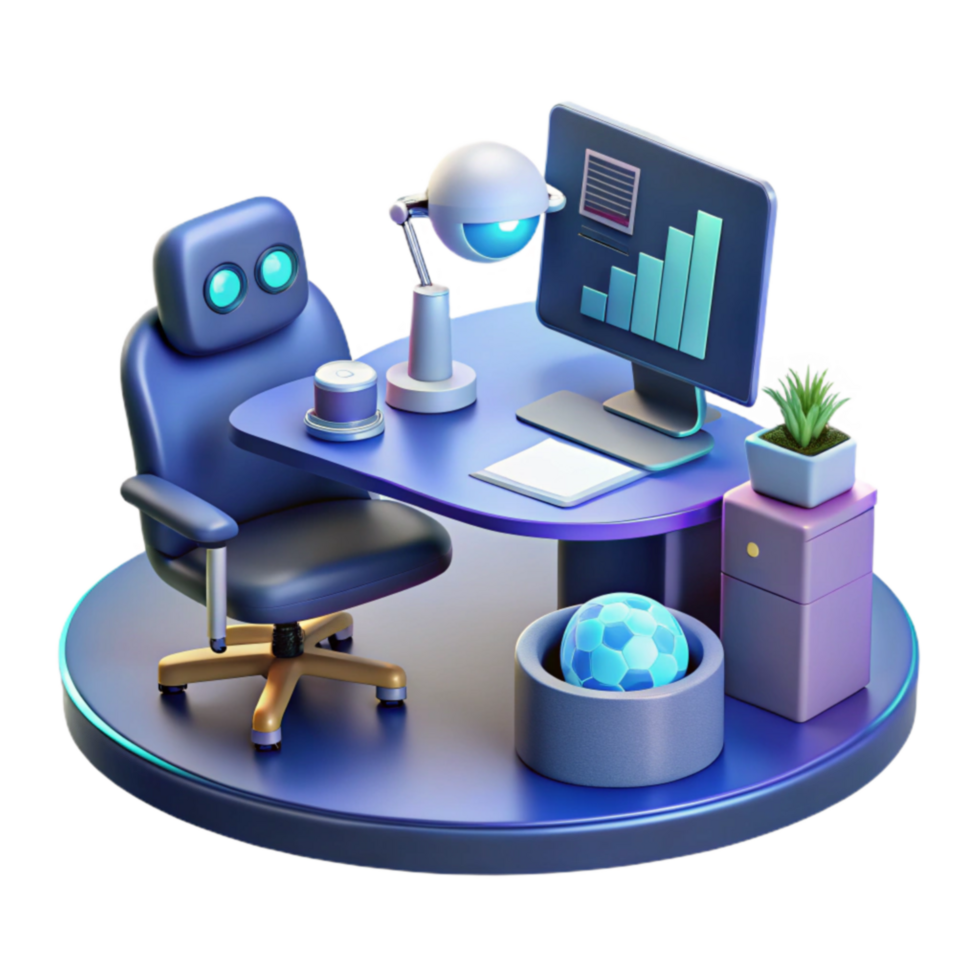 AI Workspace Desk Setup with Analytics Dashboard png