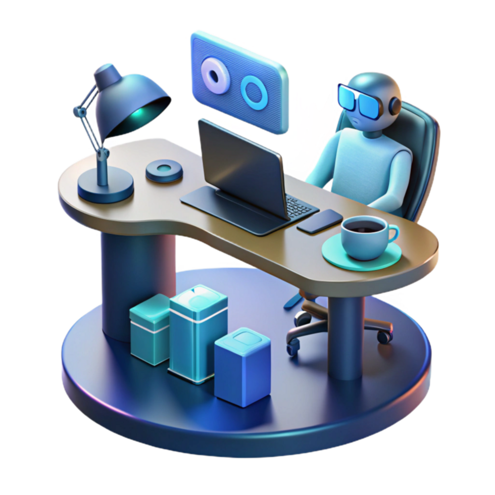 Robot at Desk AI Workplace Productivity Setup png