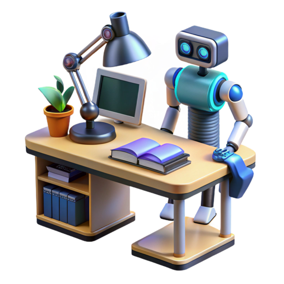 Robot at Desk AI Automation in the Workplace png