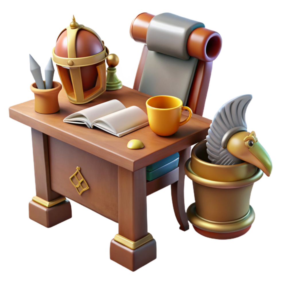 Fantasy Study Desk with Mythical Artifacts png
