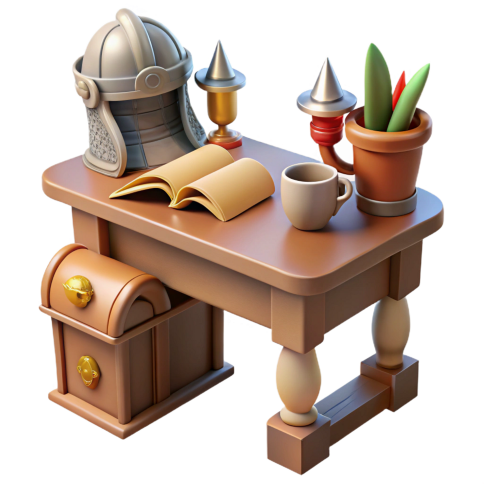 Fantasy Tabletop Scene Medieval Desk with Helmet, Book, and Treasure Chest png