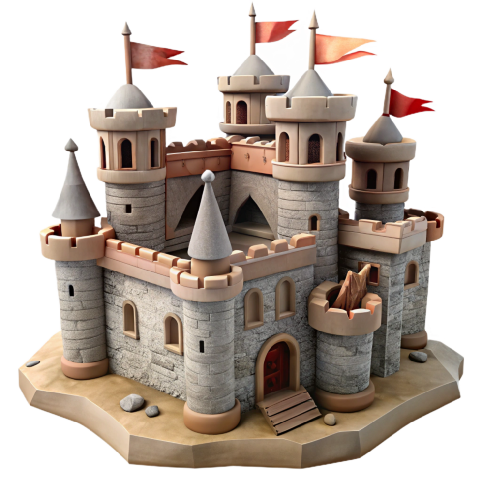 Medieval Castle Toy Model Stone Walls, Towers, and Flags png