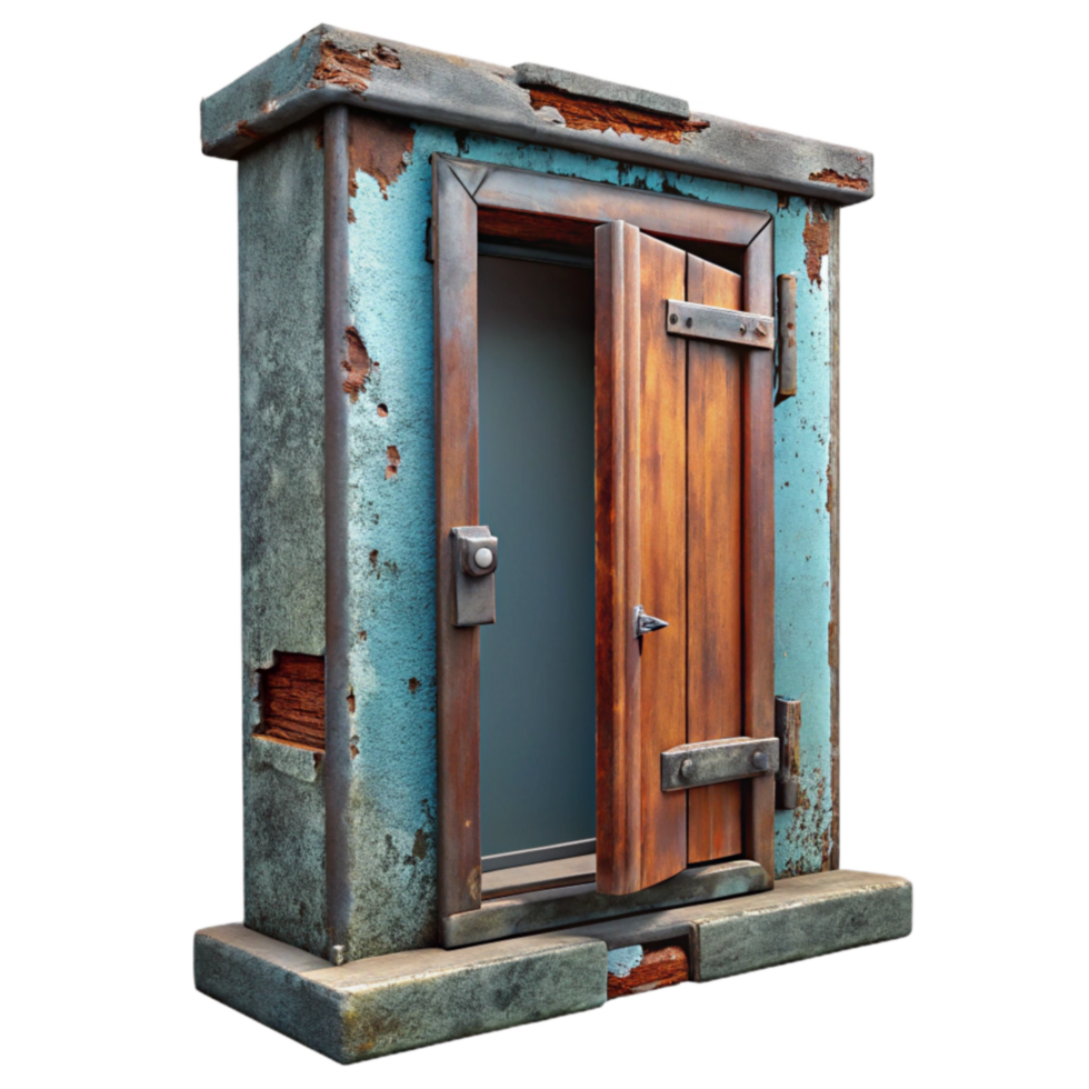 Open Rustic Wooden Door in Weathered Frame png
