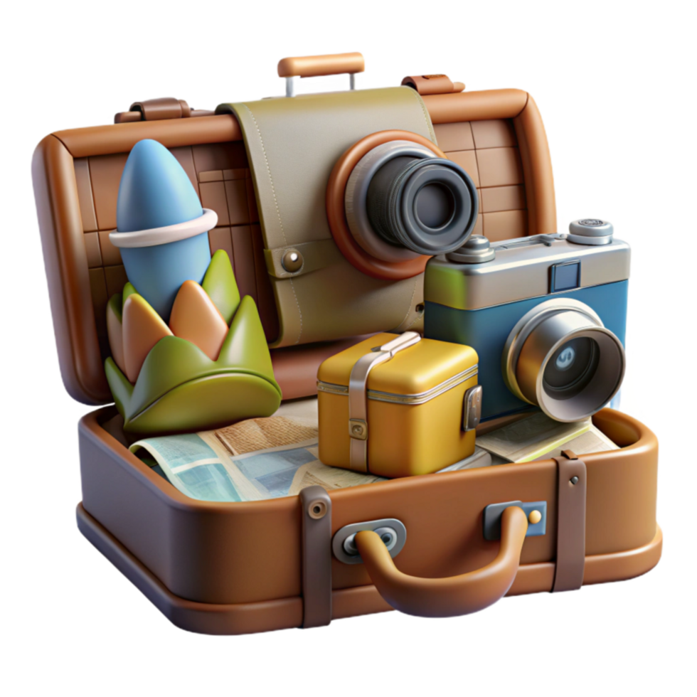 Vintage Travel Suitcase with Cameras and Maps png