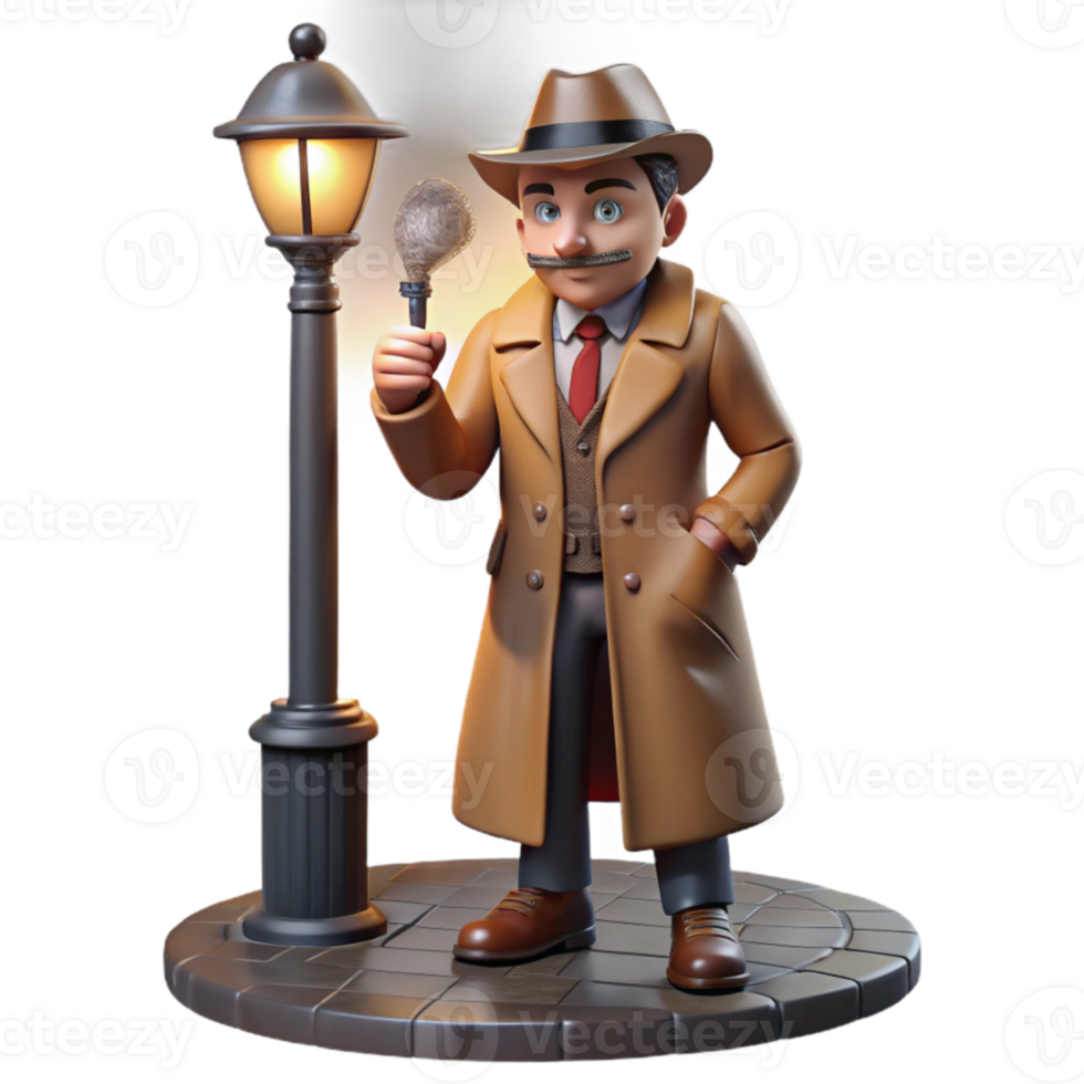 3D Cartoon Detective Investigating at Night png