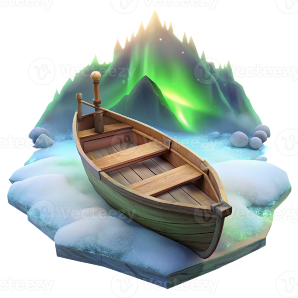 Wooden Rowboat in Snowy Landscape with Aurora Borealis png