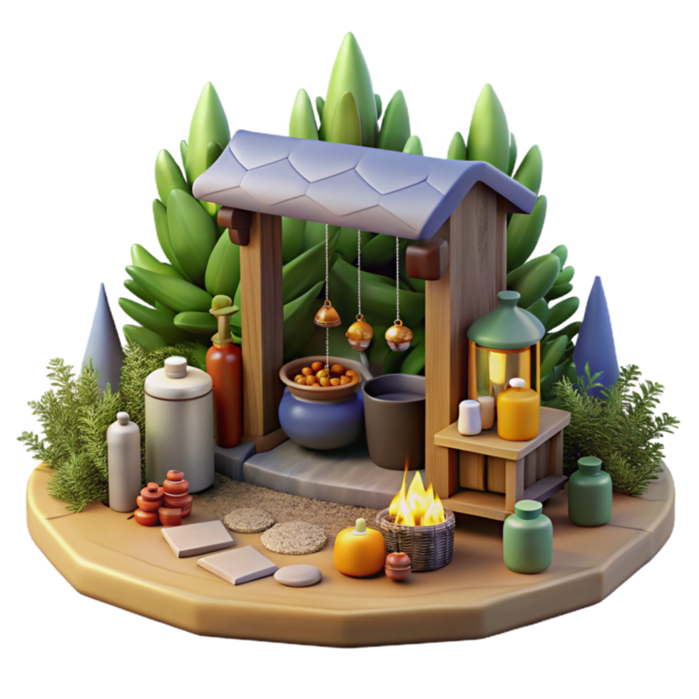 Enchanted 3D Render Cozy Campfire Market Scene png