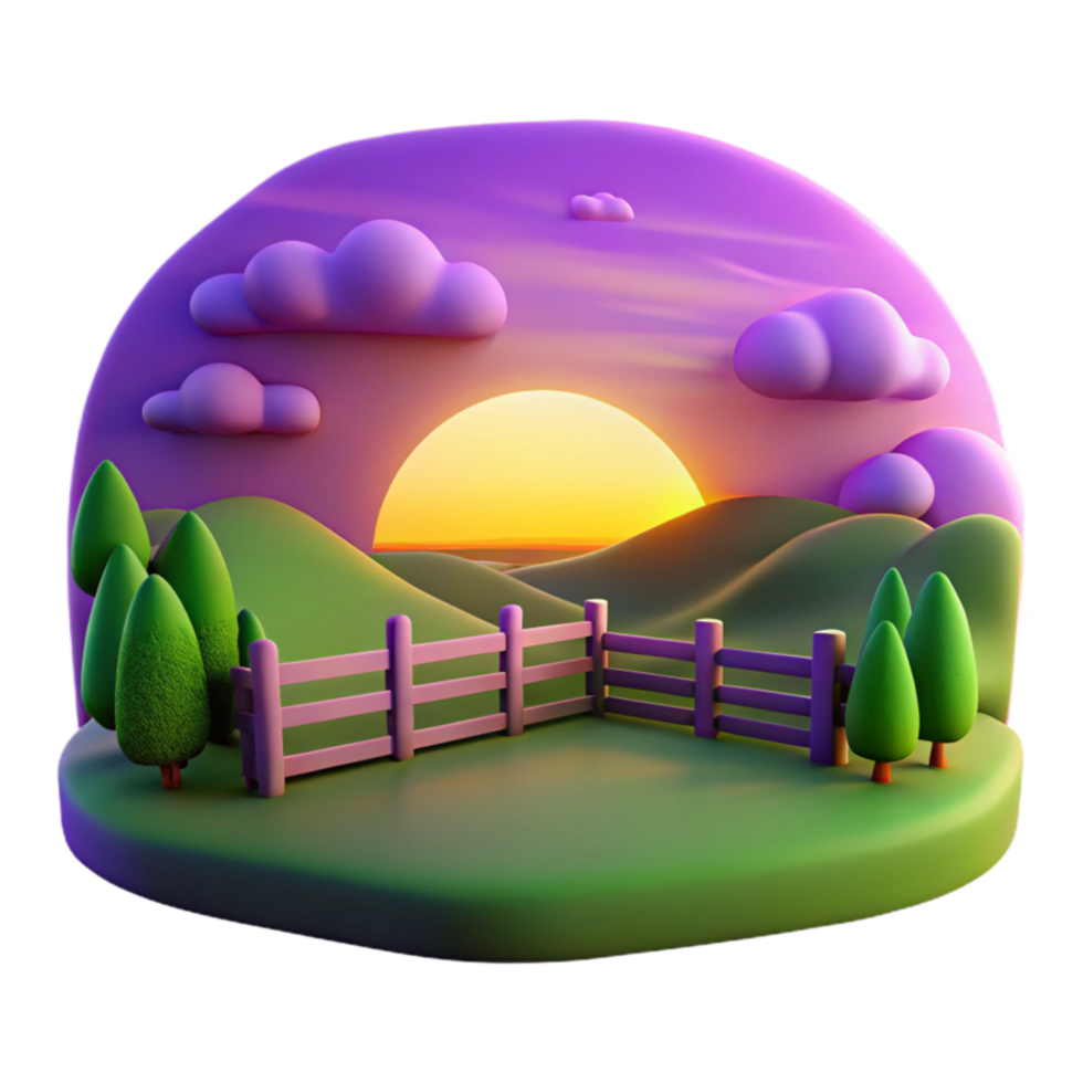 Sunset Over Rolling Hills 3D Render of Pastoral Scene png
