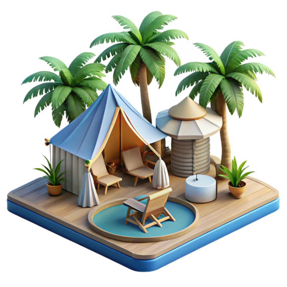 Tropical Glamping Getaway Luxury Tent, Pool, Palm Trees png
