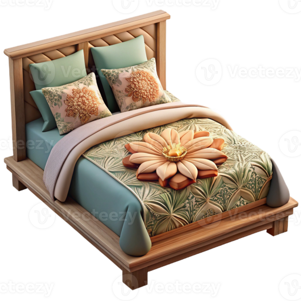 Elegant Teal and Beige Flower Bedspread, Wooden Frame png