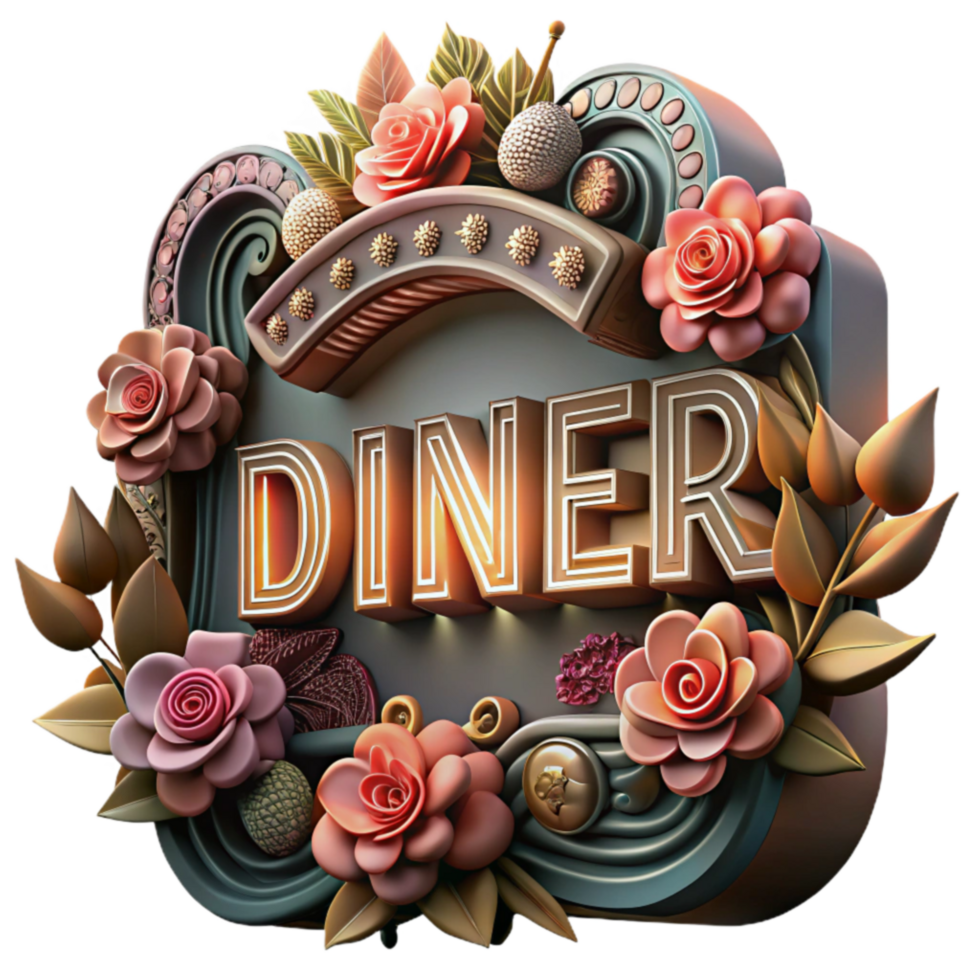 Floral Diner Sign Retro Design with Neon Lights png