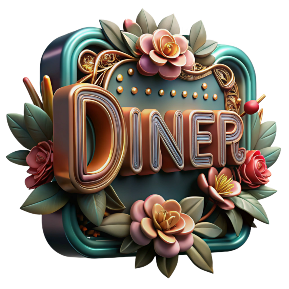 Floral Diner Sign 3D Render png