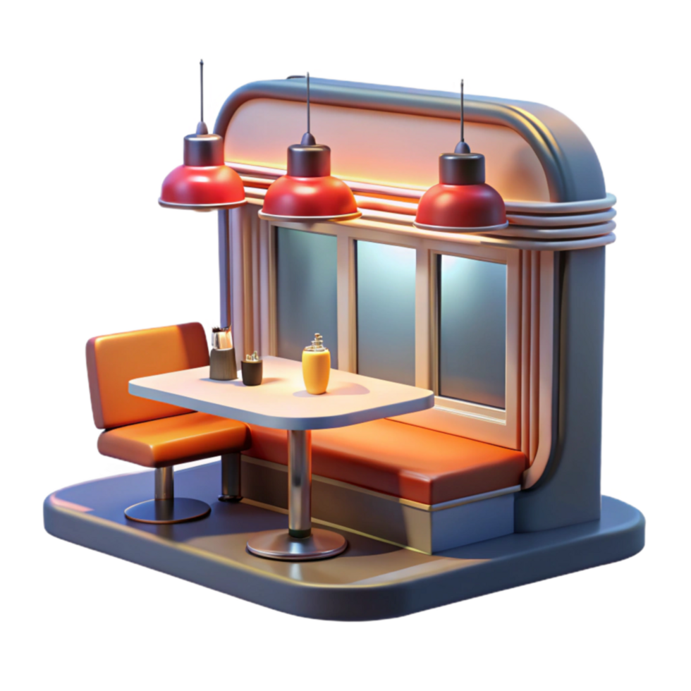 Retro Diner Booth Nostalgia, 3D Render, Restaurant Design, Vintage Cafe, Cozy Seating, Indoor Dining, Table Setting, Evening Ambiance, Illuminated Counter, Classic Style png