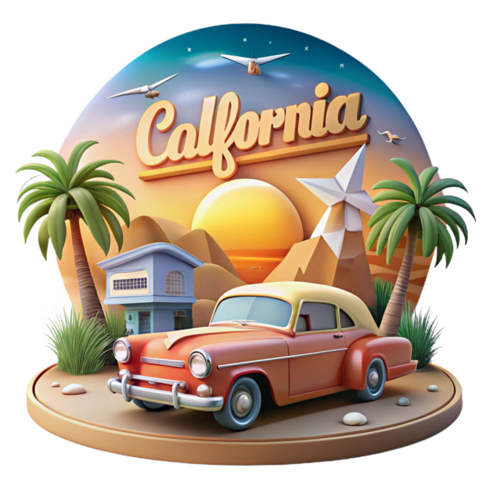 California Coastline Classic Car, Sunset Scene png