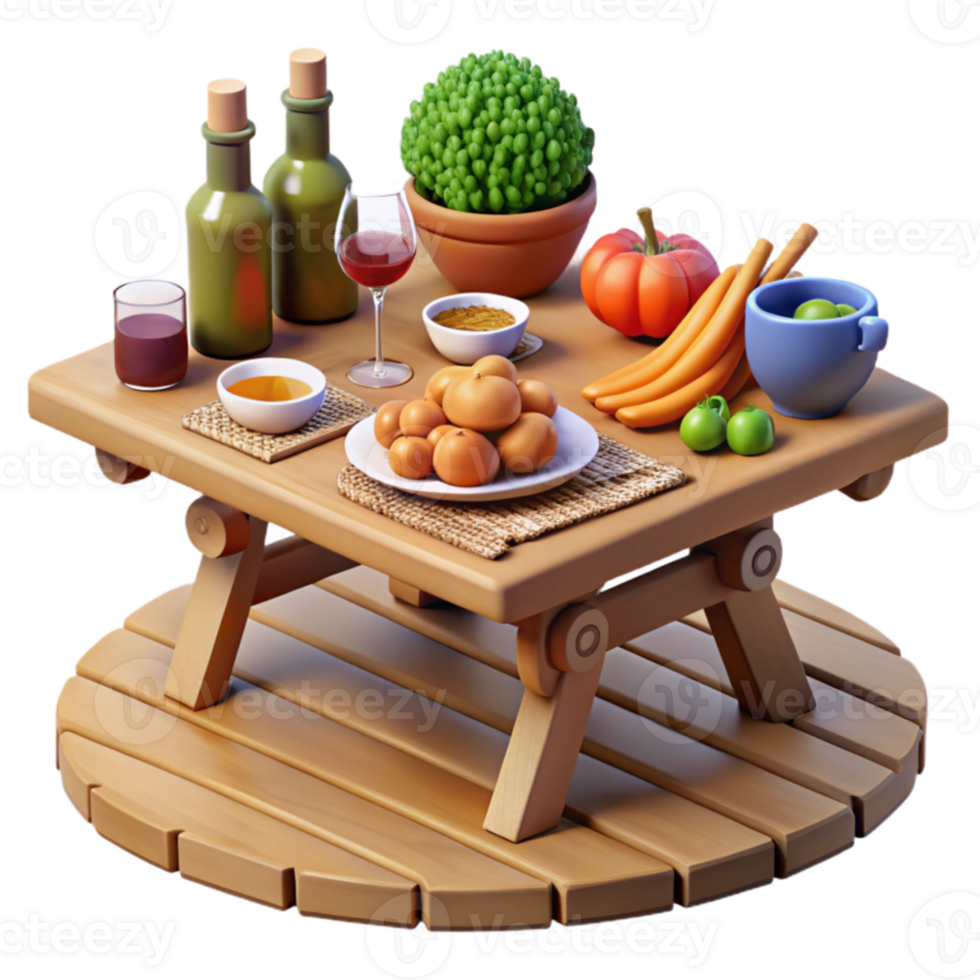 A Rustic Table Setting with Fruits, Vegetables, and Drinks png