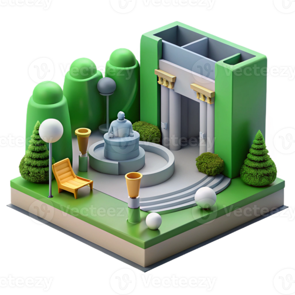 Isometric Park Design Fountain, Greenery, and Pavilion png