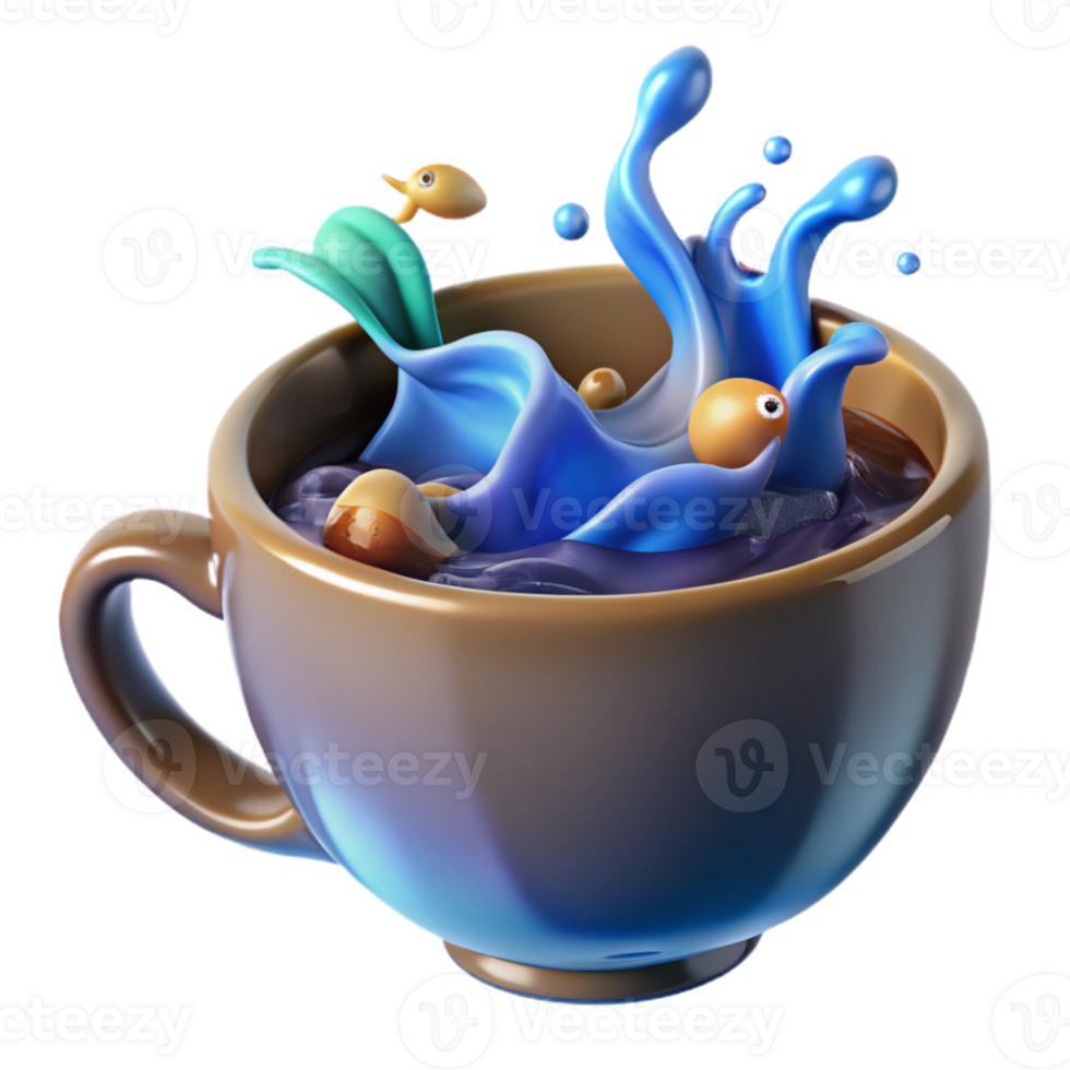 Whimsical Blue Liquid Splash in Coffee Cup png