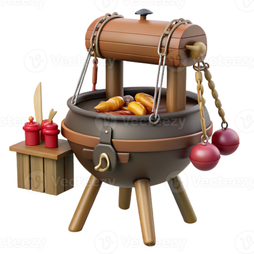Medieval Food Cart 3D Render of Wooden Cart with Pot and Condiments png